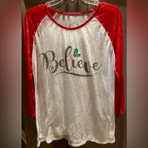 Red and White 'Believe' Sheer Lightweight Raglan Shirt